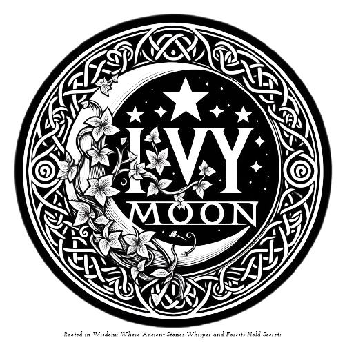 A logo in black and white featuring a crescent moon, celtic knotwork, ivy leaves and stars.