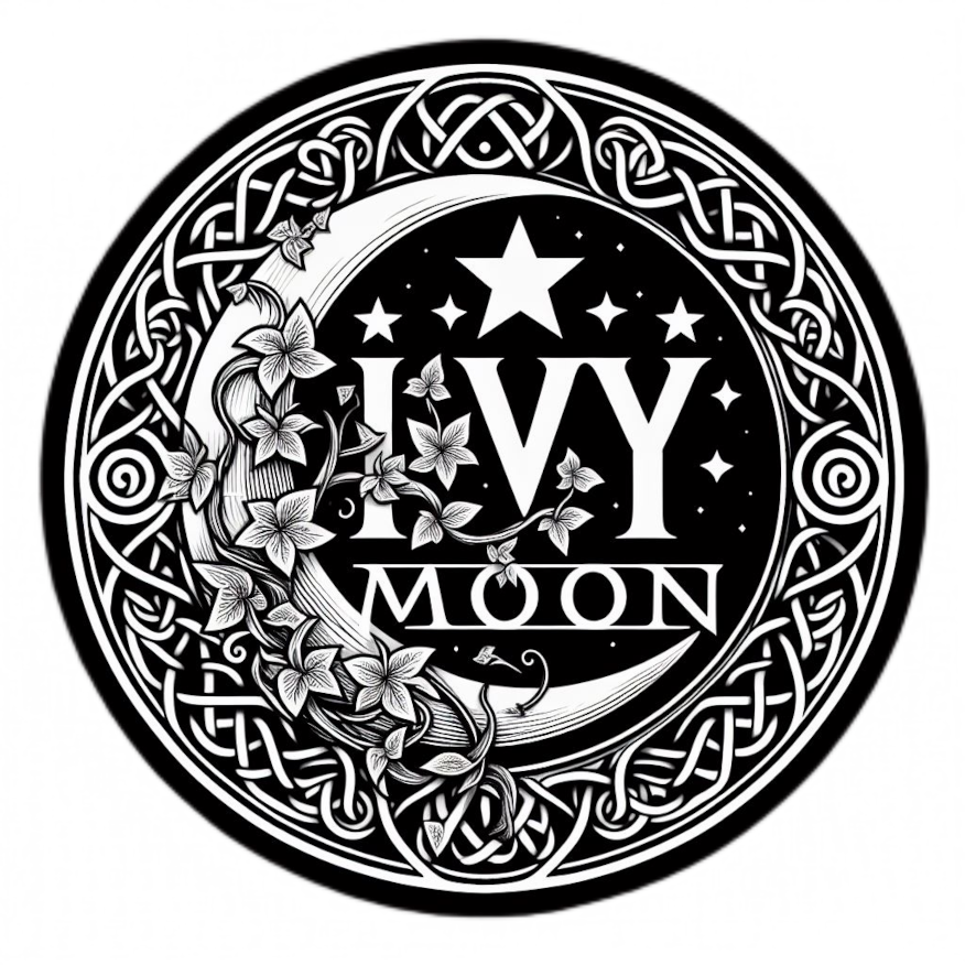 A black and white logo depicting a crescent moon, surrounded by celtic knotwork and ivy with the words ivy moon